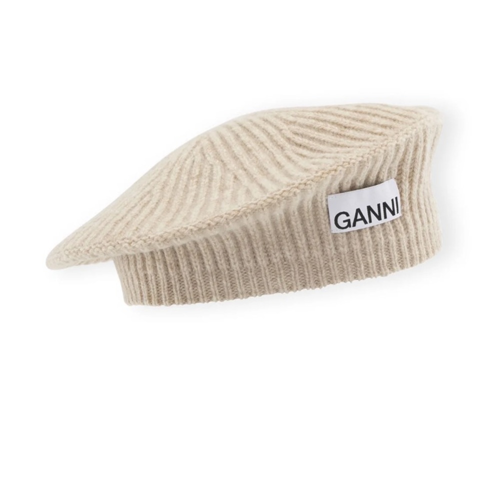 Ganni Ribbed Wool Beret in Beige